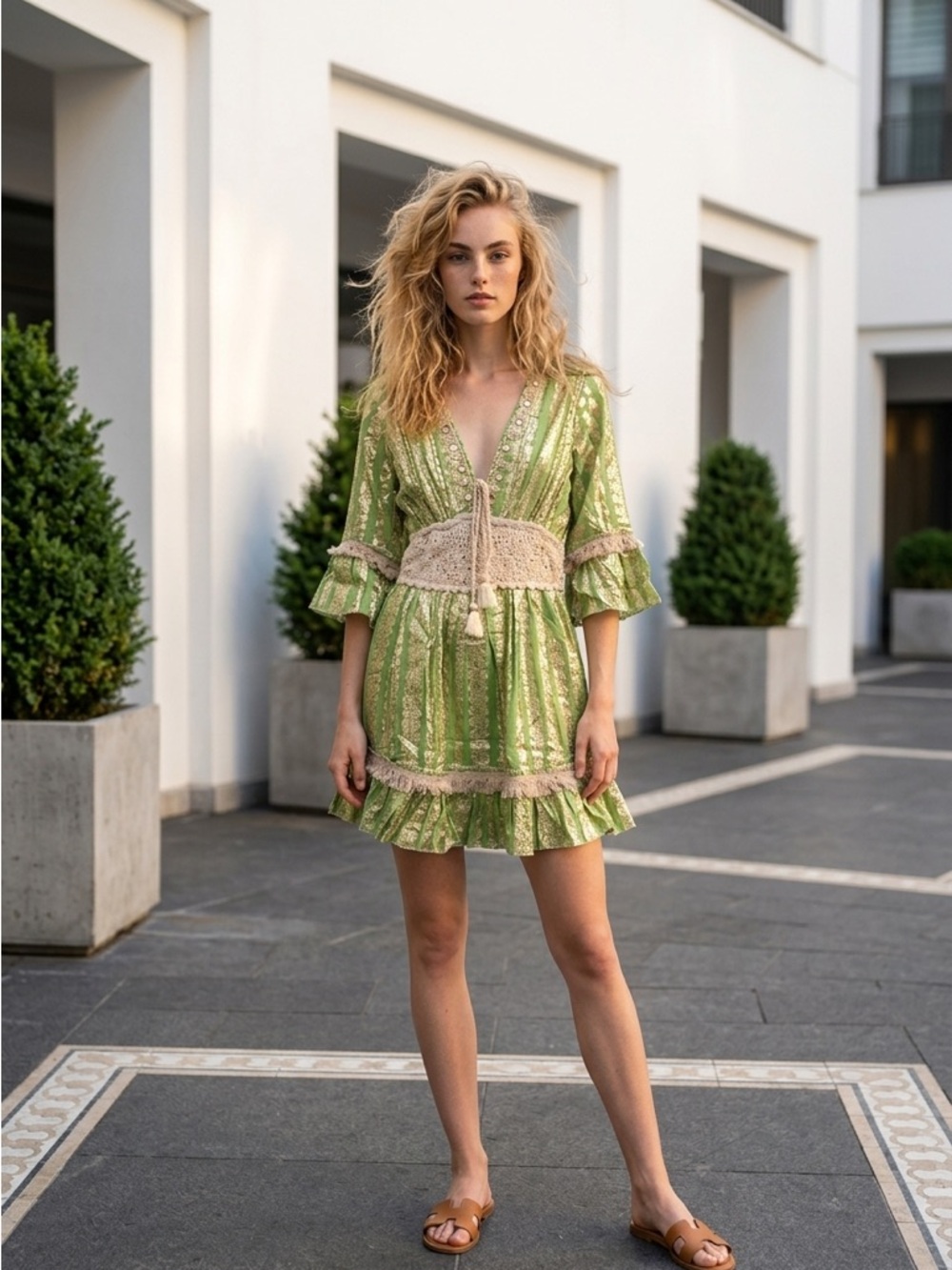 Light Green V-Neck Mini Dress with Lace Waist and Ruffle Hem